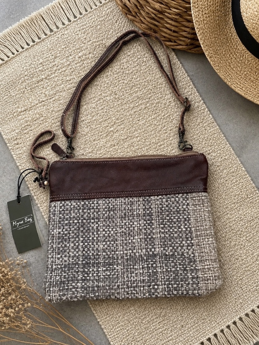 Myra Bag Brown Leather-Trim Neutral Woven Crossbody